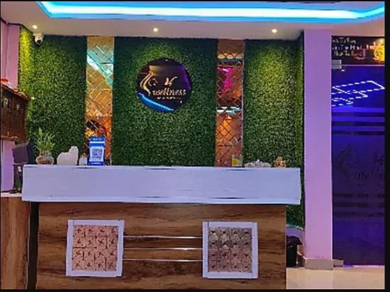 Reception desk and green wall with the V3 Wellness logo at V3 Wellness Spa, 2nd floor, Kondapur